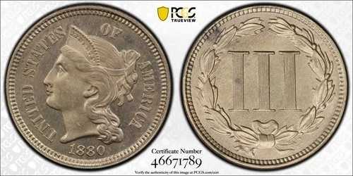 1880 3CN 3セントニッケル PCGS PR64 (CAC)