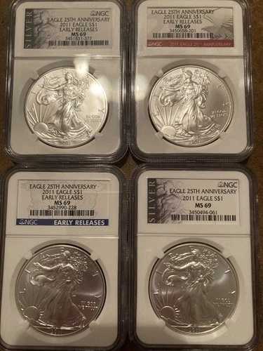 2011 NGC MS69 アメリカン シルバー イーグル 25周年記念 ER 4 コイン ロット .999 4オンス ??