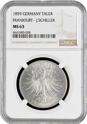 フランクフルト 1ターラー 1859年、NGC MS63、「フリードリヒ・シラー生誕100周年」