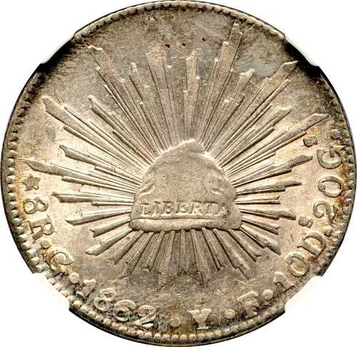 1862年 Go YF NGC MS63 メキシコ 8レアレス 見事なトーンの選択 ミントステート 希少!-