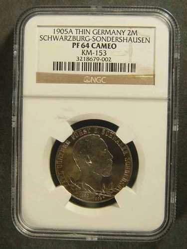 1905-A ドイツ諸州 シュヴァルツブルク ゾンダースハウゼン 2 マーク NGC PF64 カメオ銀貨 139,150円