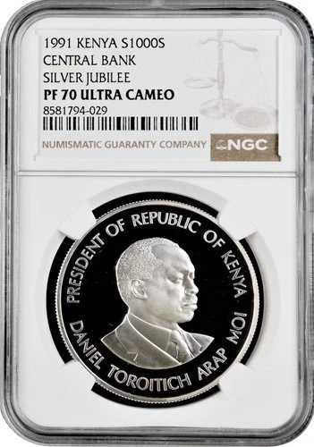 ケニア 1000シリング 1991年 NGC PF70 UC、「中央銀行創立25周年記念」トップポップ
