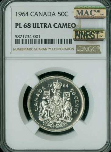 1964年カナダ50セントNGC PL68 ULTRA CAM PQ MAC 最高グレード＆スポットレス。