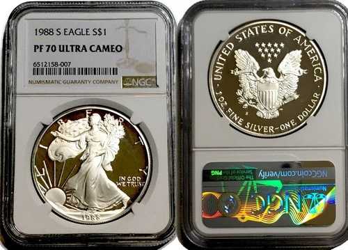 ：1988年-S S $1 シルバー アメリカンイーグル 1オンス NGC PF 70 ウルトラカメオラリティ R2 トップポップ-