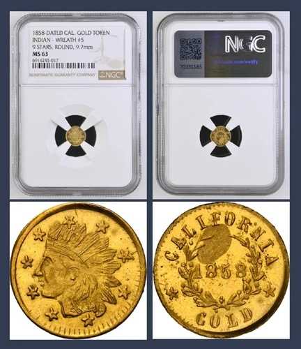 1858年 カリフォルニア フラクショナル ゴールド-リース #5、9星/NGC MS 63 高 R-7-
