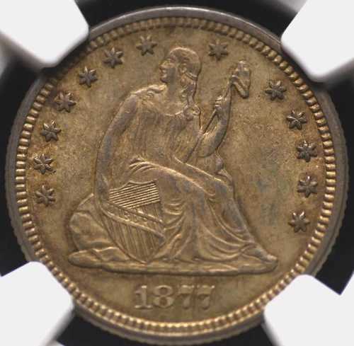 1877年 自由の女神像 クォーター NGC MS 63 オリジナル ミディアム ゴールド ラセット インフューズ
