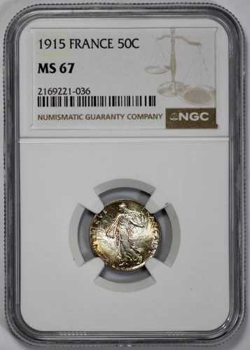 1915年 フランス 銀貨 50サンチーム NGC MS 67 ジュエルトーン