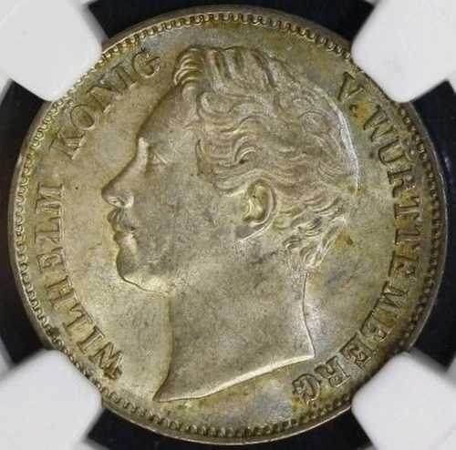 希少な 1862 年のドイツの州: ヴュルテンベルク州。ヴィルヘルム1世 1/2 グルデン NGC MS62