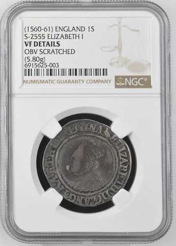 イングランド - 1560 - 1561 エリザベス1世 - シリング - NGC VF 詳細 - S-2555 変種