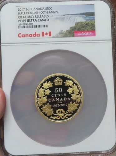2017年 カナダ建国100周年記念 .9999 銀貨 2オンス ハーフダラー 金箔 NGC PF 69