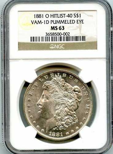 C12012- 1881-O VAM-1D パンチングアイ ヒットリスト 40 モルガン・ダラー NGC MS63 - POP 3/2