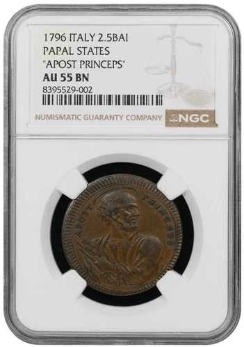 イタリア - 教皇庁 - 1796 プイス VI - 2 1/2 バイオッキ - NGC AU55 - 非常に珍しい