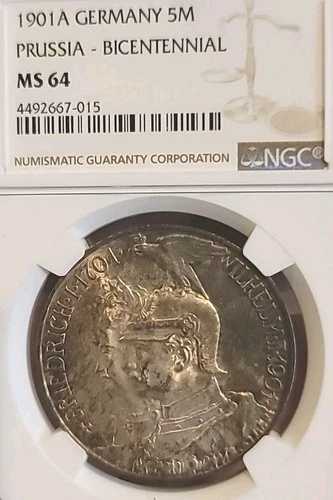 ドイツ プロイセン 1901年 A 5マークス 素晴らしい宝石 オリジナルカラー シャープな光沢 NGC64 LG