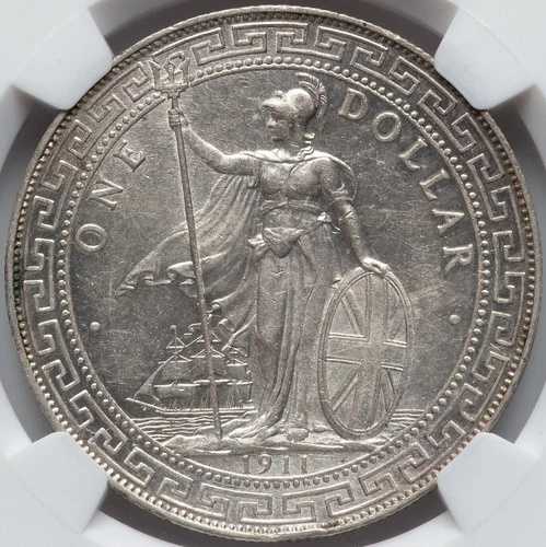 イギリス：ジョージ5世貿易ドル 1911-B NGC MS-62 ボンベイ造幣局発行。光沢コイン