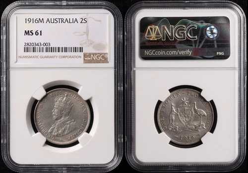オーストラリア 1916M KGV 2/- フローリン 紫灰色。NGCグレード MS61。