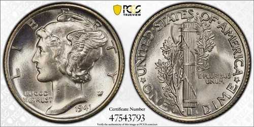 1941-S マーキュリーシルバーダイム MS66FB PCGS フルバンド