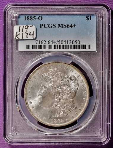 1885-O モルガン銀貨。PCGSホルダー入り。MS64+。k174