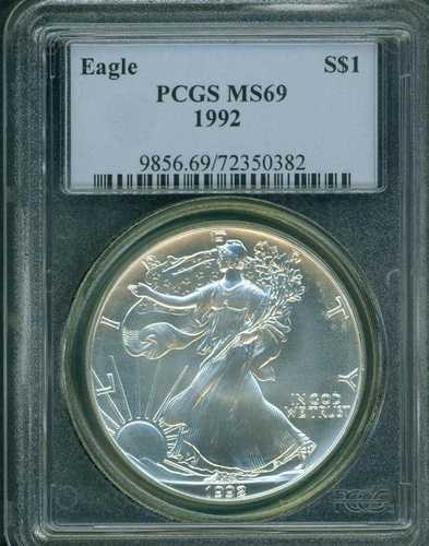 1992 アメリカン シルバー イーグル ASE S$1 PCGS MS69 MS-69 プレミアム品質 PQ P.Q. !!