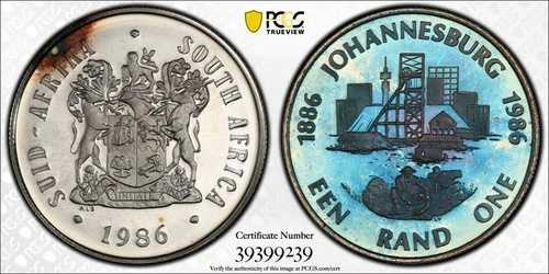 1986年 南アフリカ 1ランド シルバー プルーフ 100周年 ヨハネスブルグ PCGS PR67DCAM トーン