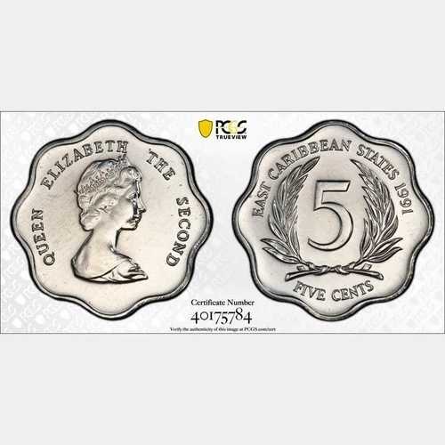 1991年 東カリブ諸国 5セント PCGS SP 66. KM-12