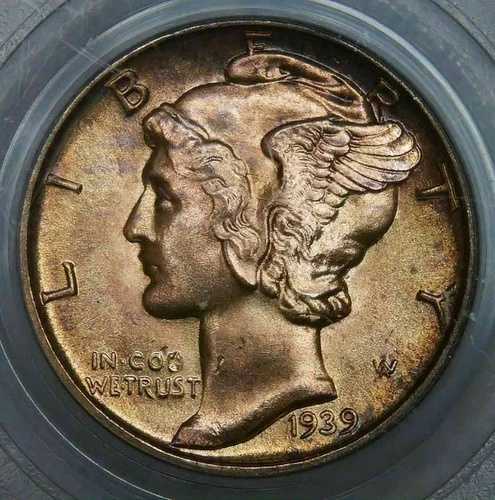 1939-D__MS 66 FB__マーキュリーダイム__美しい色調!!!__PCGS、フルバンド、コイン