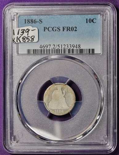 1886年頃のリバティ・シーティング・ダイム。PCGSホルダー入り。FR02。K858