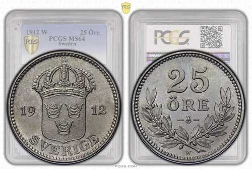 スウェーデン、グスタフ5世、1912年25日、PCGS MS 64