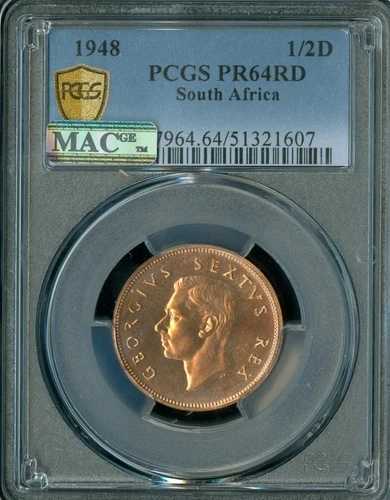 1948 年南アフリカ 1/2D ハーフ ペニー PCGS PF64 レッド マック スポットレス。