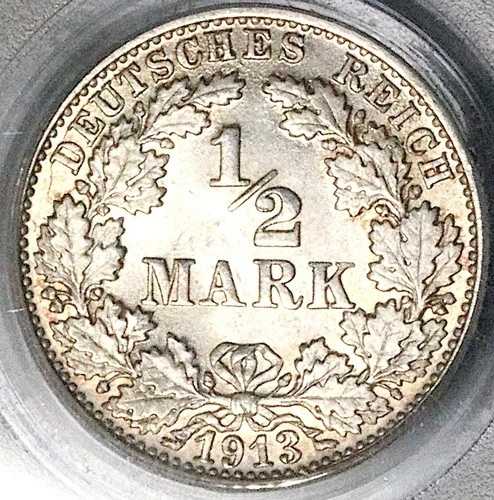 1913-F PCGS MS 65 ドイツ シルバー 1/2 マーク ジェム BU シュトゥットガルト造幣局コイン (25112401C)