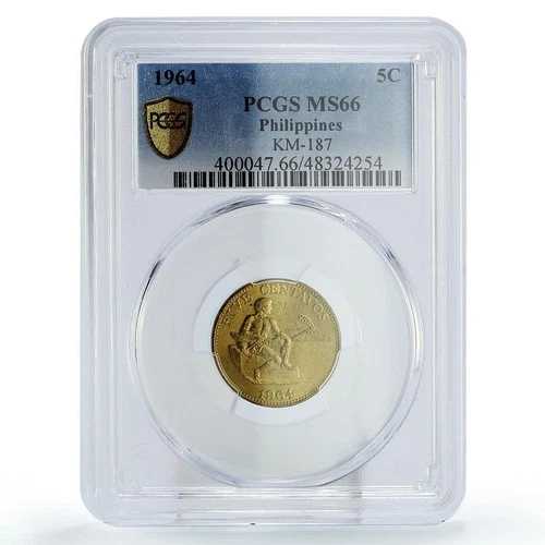 フィリピン 5センタボ 通常貨幣 リバティ KM-187 MS66 PCGS 真鍮貨幣 1964年