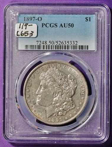 1897年頃のモルガン銀貨。PCGSホルダー入り。AU50。L653