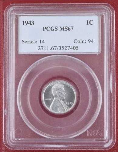 1943年 スチール製小麦セント PCGS MS67 オリジナル表面