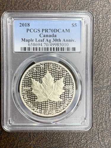PCGS PR70 2018 $5 シルバー カナダ メープルリーフ 銀貨 30周年記念 修正 RevPF aa