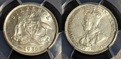 1936年 オーストラリア シックスペンス 6d PCGS MS61 UNC #2509
