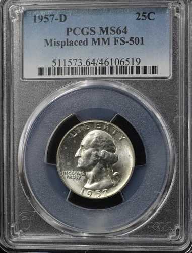 1957-D ワシントン クォーター 25セント PCGS MS64 - ミントマーク FS-501 紛失 (63270)