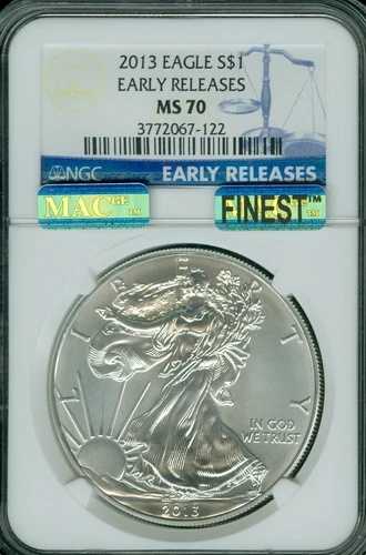 2013 シルバー イーグル NGC MS70 ERBLUE ラベル MAC FINEST グレード MAC スポットレス。