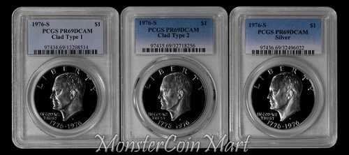 1976-S クラッド タイプ 1/タイプ 2、シルバー アイゼンハワー ドル PCGS PR69DCAM - 3 点セット!