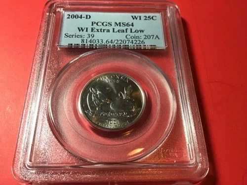 ウィスコンシン エクストラローリーフエラー。PCGS MS 64 の魅力的なコレクター向けクォーターコイン!!