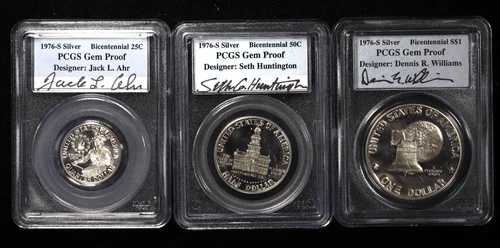 1976-S バイセンテニアル 25セント 50セント $1 PCGS デザイナーラベル 3枚セット