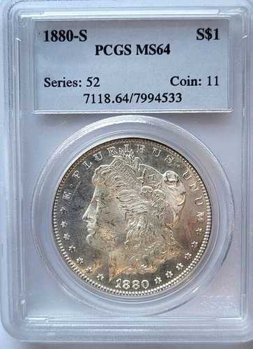 1880-S PCGS MS-64 モルガン・ダラー、明るく光沢のある淡い金色の虹彩 #189