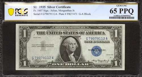 1935年 1ドル銀貨証明書 FR.1607 G-A ブロック PCGS認定宝石 UNC 65 PPQ (112A