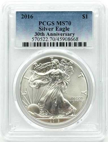 2016 シルバーイーグル PCGS MS70 30周年記念 - クラシックブルーラベル
