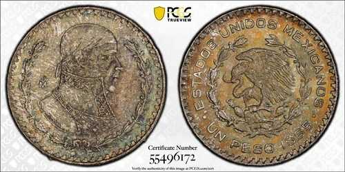 MS66 1965-Mo メキシコ シルバー 1ペソ、PCGS Trueview- レインボートーン