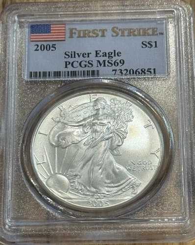 2005年アメリカンシルバーイーグル $1 PCGS MS69 ファーストストライクフラッグラベル、1225