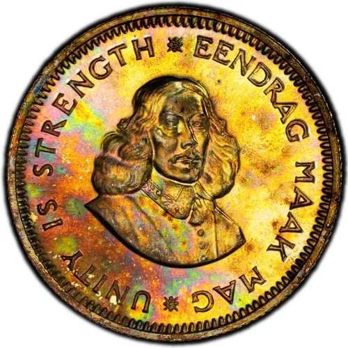 PR67 1961年南アフリカ 5セント銀貨プルーフ、PCGS Trueview - 美しいレインボートーン