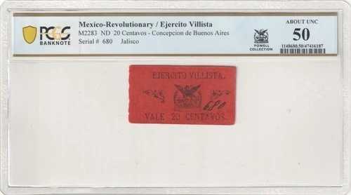 メキシコ革命期 / エヘルシート・ビリスタ M2283 ND 20センターボ PCGS UNC約50