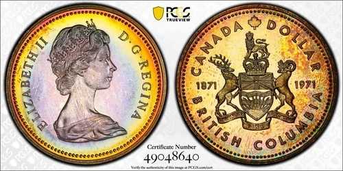 SP67 1971年 カナダ 1ドル銀貨 BC州共通ドル、PCGS Trueview-美しいレインボートーン