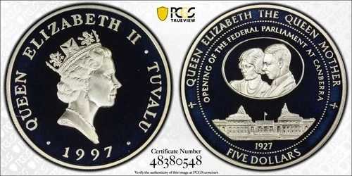 1997年 ツバル 5ドル キャンベラ議会開会式 シルバー PCGS PR69 DCAM