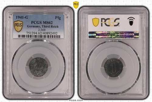 ナチス硬貨 - PCGS MS62 1941-G 1 ペニヒ Pfg ドイツ、第三帝国 J.369 ワン・ハイアー