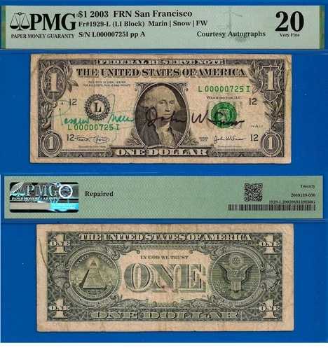 2003 $1 FRN - PMG 20 - ローシリアル 725 - マリン＆スノーによるデュアルサイン 47,520円